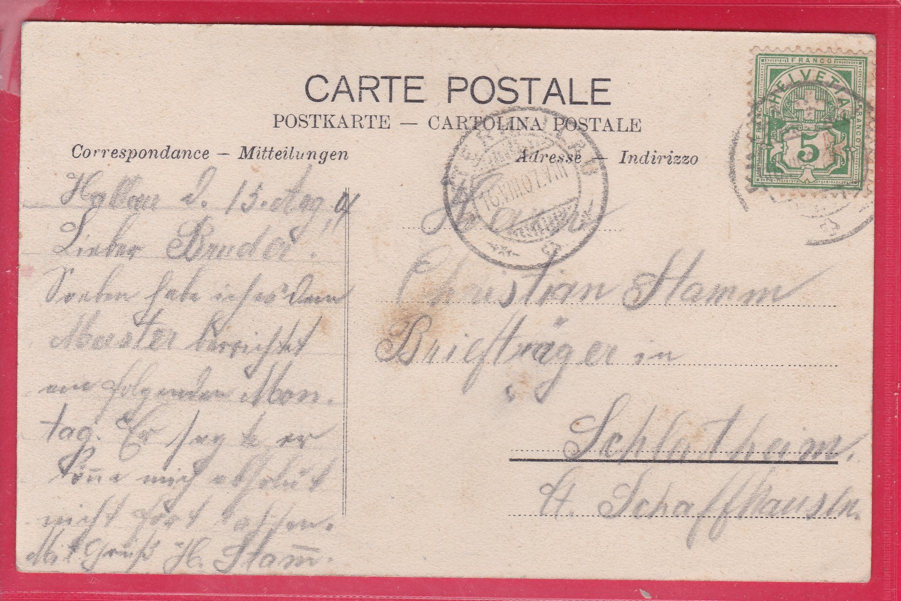 Cartoline postali: HALLAU, 16.8.1907 – Usato da Oberrieden venduto da Gebirgsstelze 1