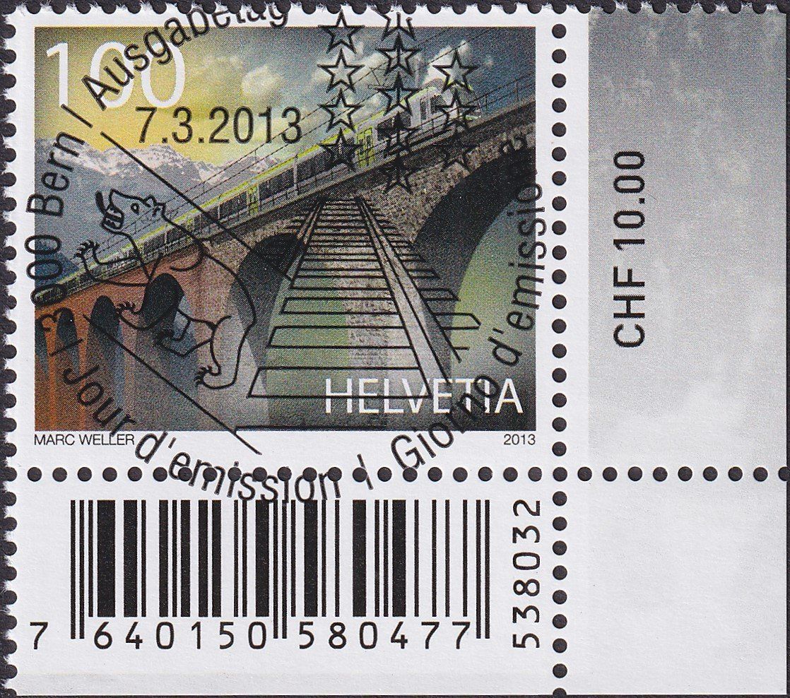 Alle Briefmarken: 2013, Nr.1552 "Lötschbergbahn" mit ET-Voll-Stempel +ECKTABS. – Gebraucht aus Sursee von Luzernerraute