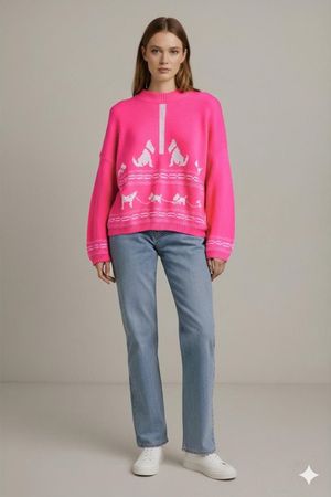 Vintage Alta Maren Rosa Strickpullover mit Hundemuster -