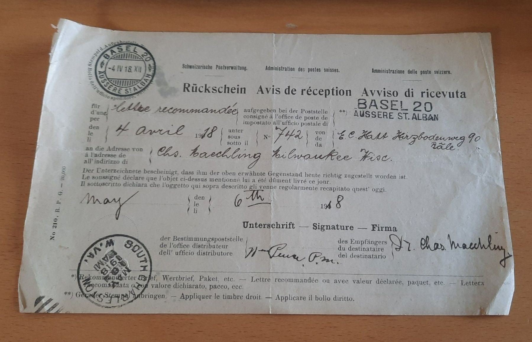 Documenti: Rückschein Avis de réception 1918 Basel - Selten – Usato da Dübendorf venduto da alibaba010