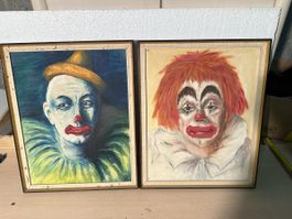 2x Tableaux clowns vintage uniques, 33x42cm