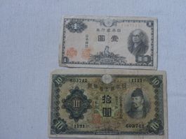 Japanische Yen Banknoten, 1 und 10 Yen, Selten, Top Zustand