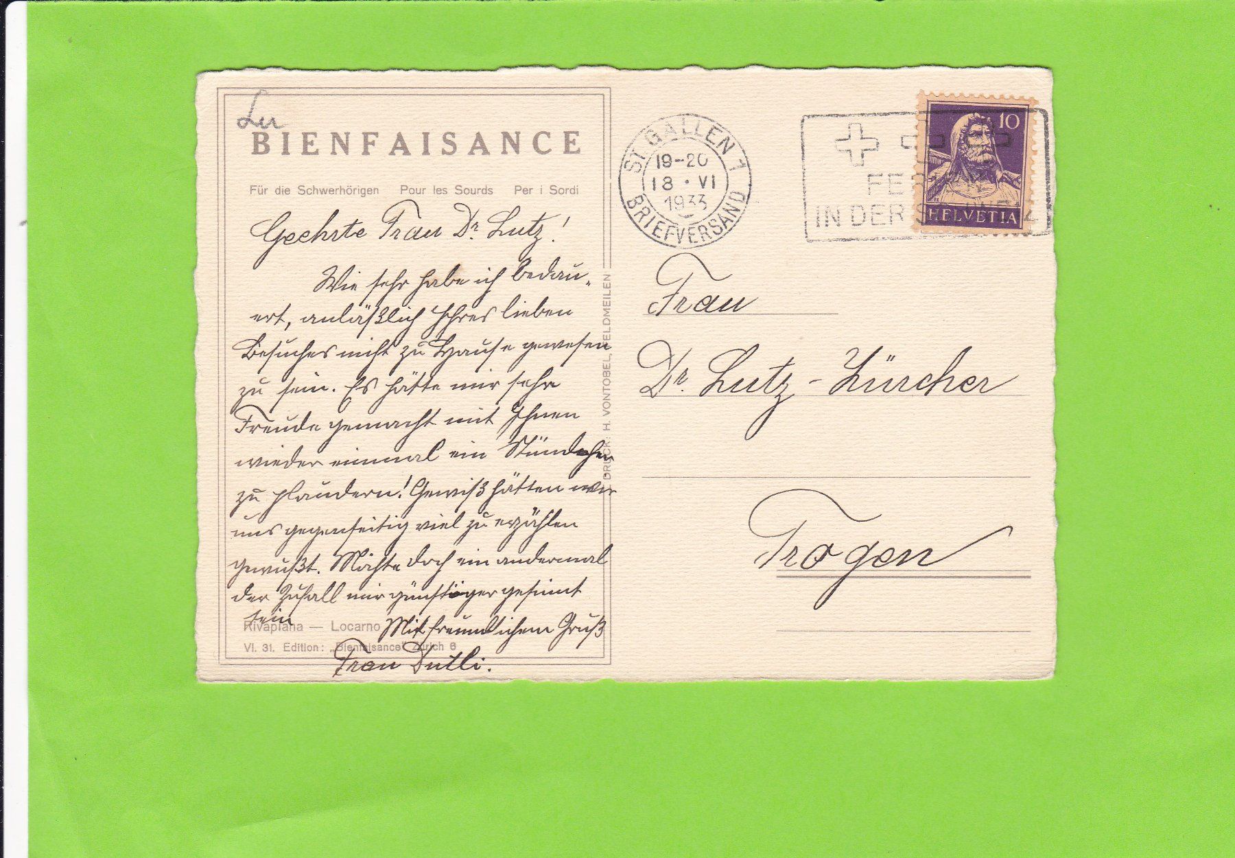 Cartoline postali: BIENFAISANCE, Rivaplana-Locarno – Usato da St. Peterzell venduto da neckertal 1