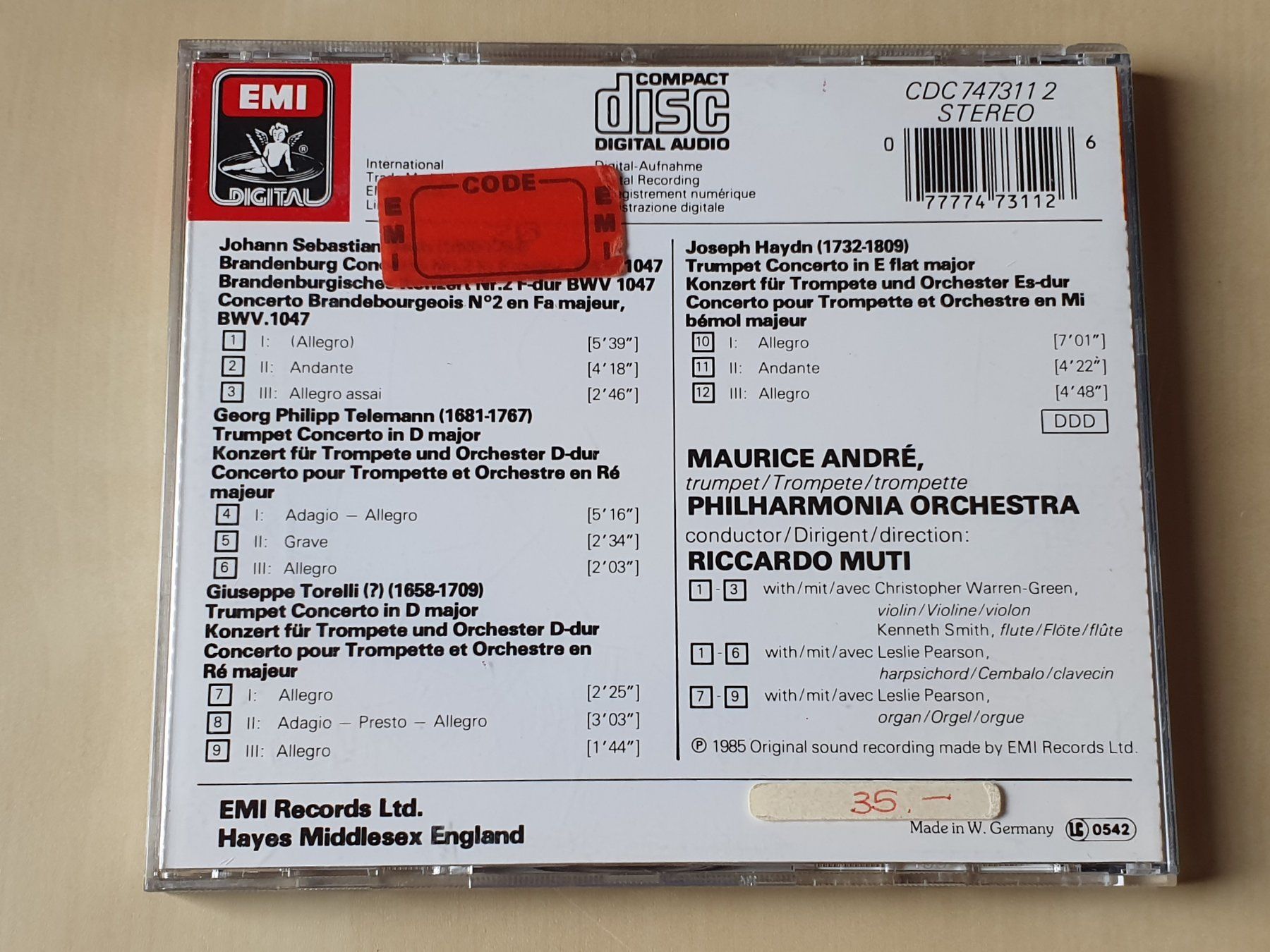CD: JS Bach Brandenburg Concerto No 2 Andre Muti – Usato da Stansstad venduto da collectorsshop 1