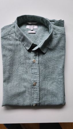 Linen Green Olive Shirt, Slim Fit. Size L