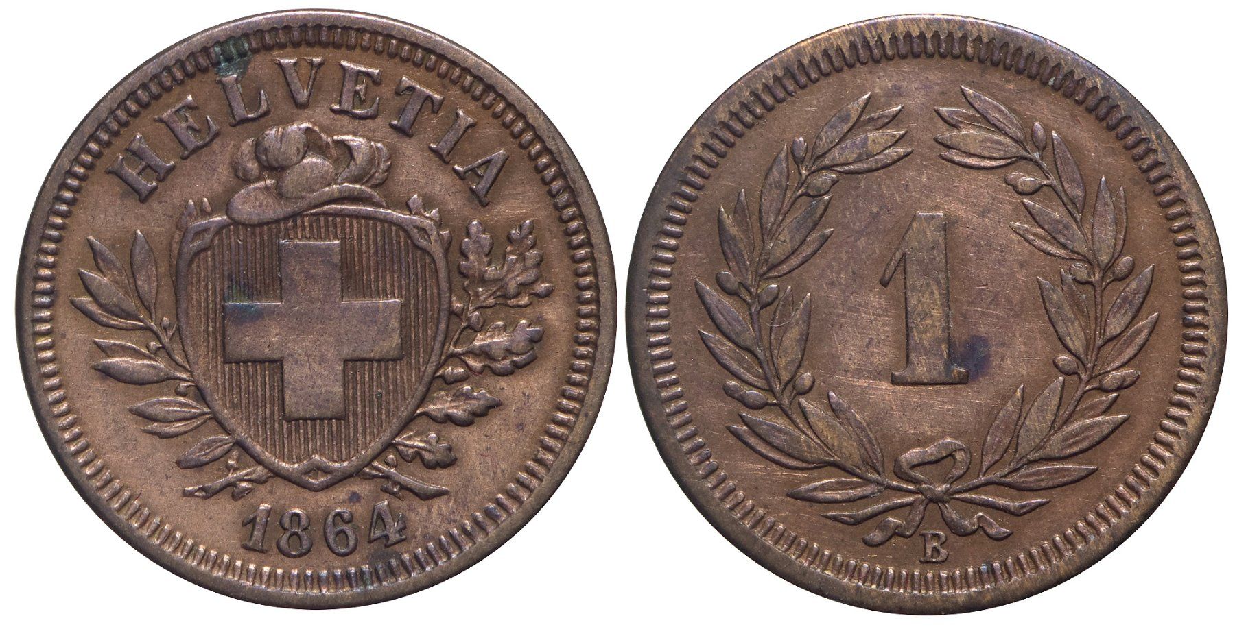 Alle Münzen: 1 Rappen 1864 (05) – Gebraucht aus Chiasso von Novamarketing