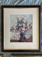 Tableau fleurs roses cadre bois bon état 40x50cm