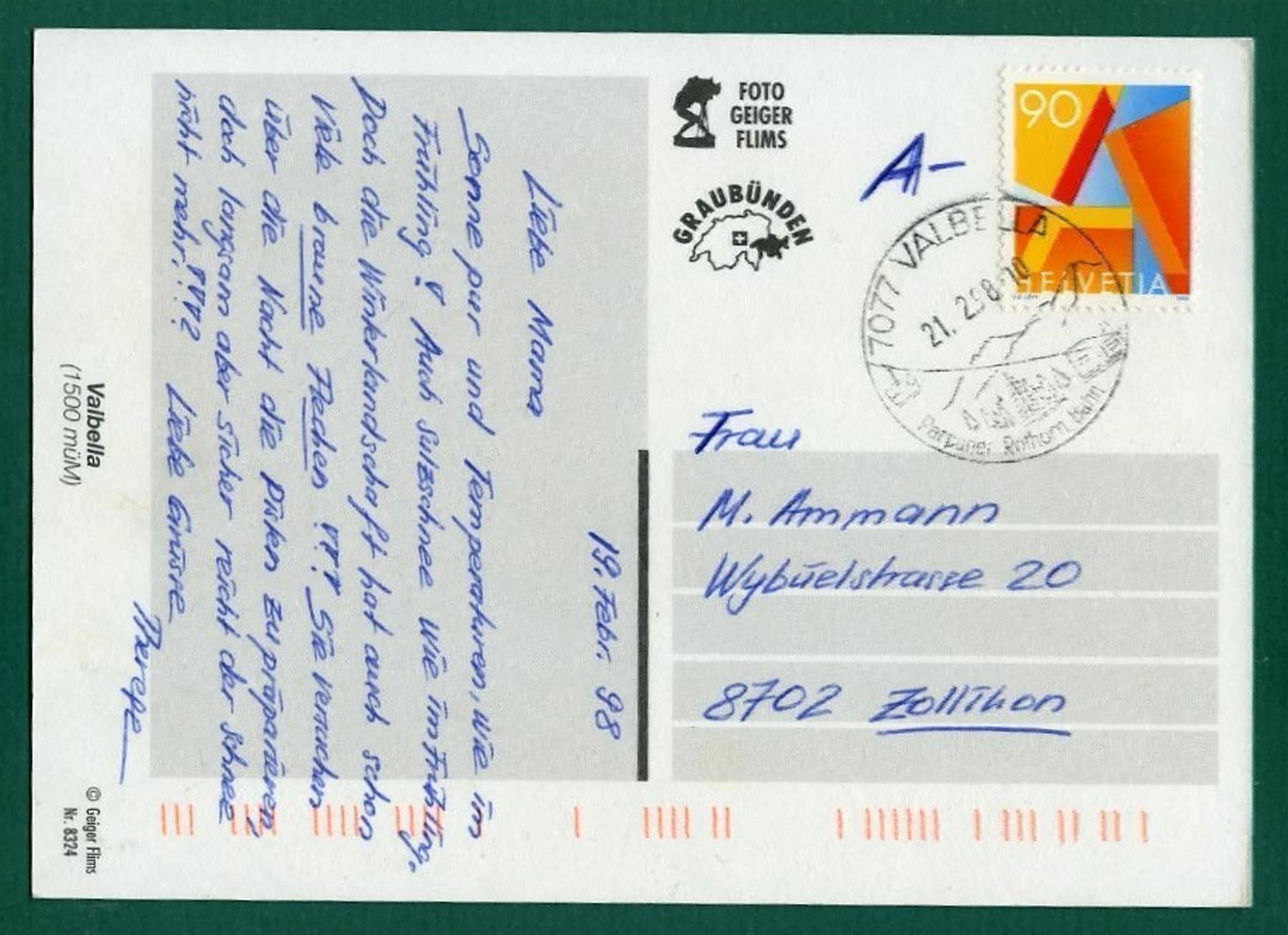Cartoline postali: Valbella  im Winter, 1998, gelaufen, Grossformat – Usato da Sargans venduto da Hausi1951 1