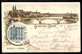 Lithographie Basel, Rheinbrücken, Brauerei zum Cardinal