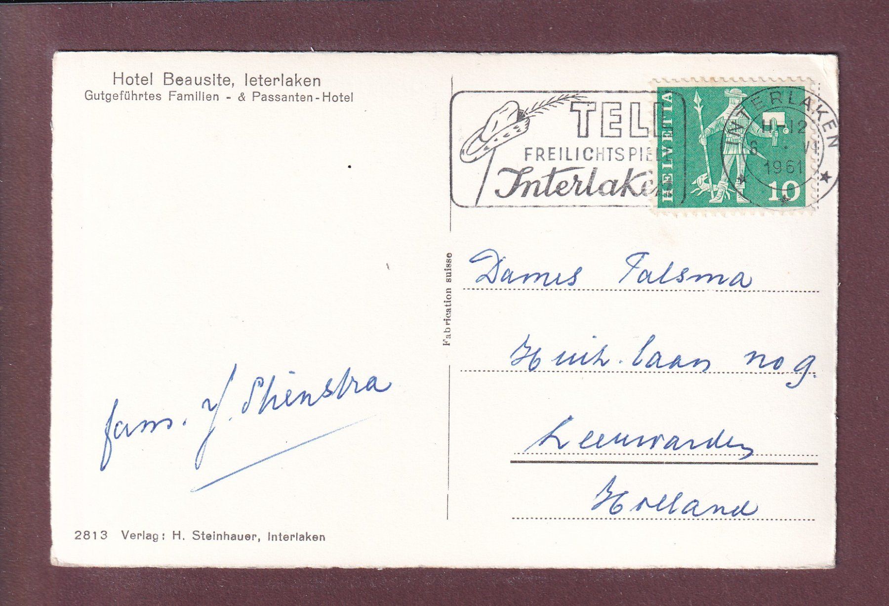 Ansichtskarten: INTERLAKEN - Hotel Beausite - 1961 – Gebraucht aus Pully von nicecards 1