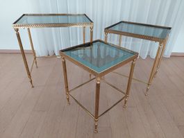 3er Set Vintage-Beistelltische mit Glasplatte