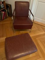 Design Lammhults Sessel mit Hocker braun Leder Chrom Metall