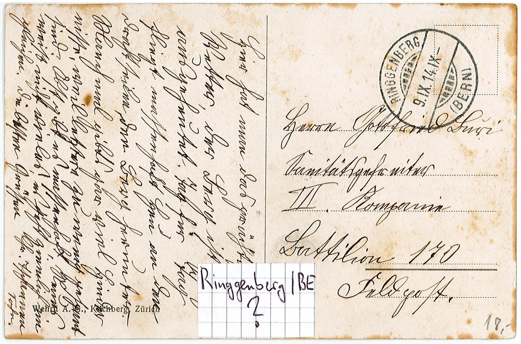 Cartoline postali: BE 291 RINGGENBERG 1914 Feldpost o RINGGENBERG – Usato da Fribourg venduto da philafri 1
