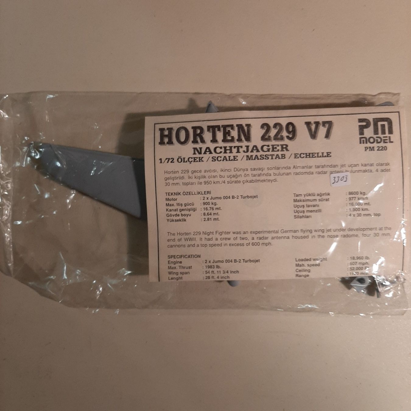 Modellbausätze & Standmodelle: 3303 ... Horten 229 V 7 ...PM 220 – Gebraucht aus Bonstetten von Benibanny59
