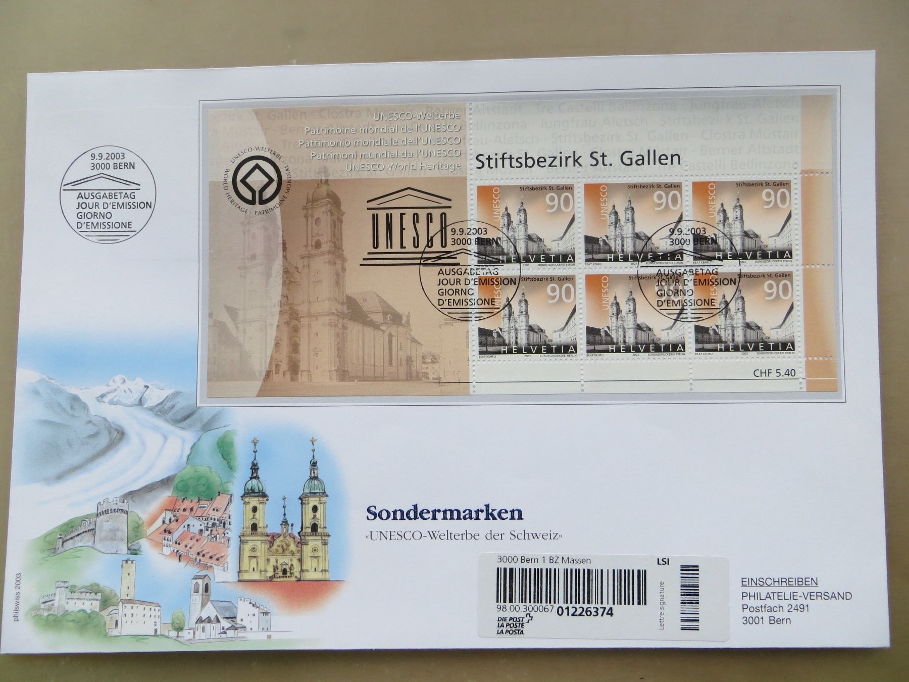 Tutti i francobolli: FDC-Serie Kleinbogen UNESCO-Welterbe Schweiz 2003 – Nuovo (secondo la descrizione) da Basel venduto da 8013 2