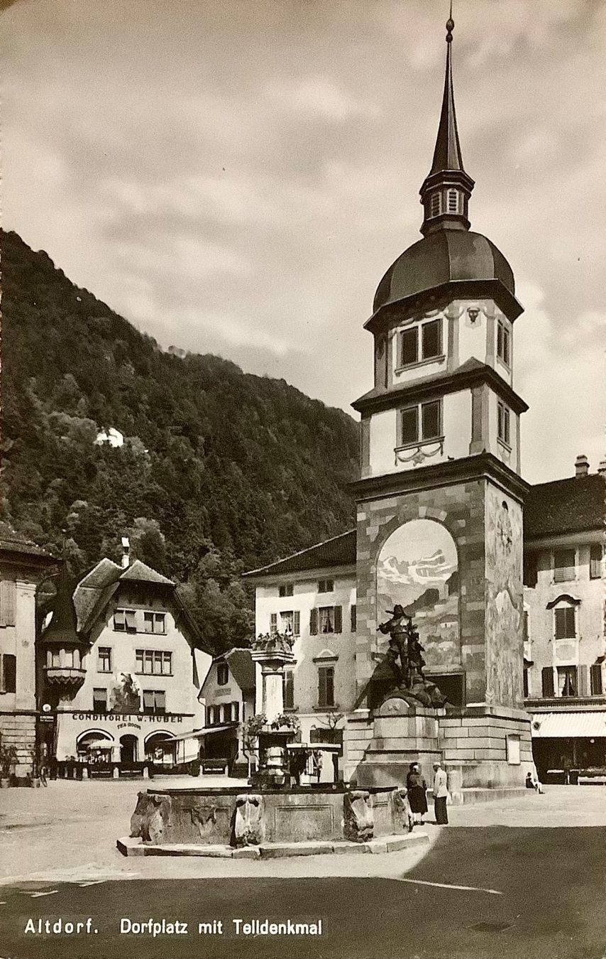 Cartoline postali: ALTDORF - Tell Denkmal & Rathausplatz – Usato da Root venduto da ENGLAND-TREASURES 1