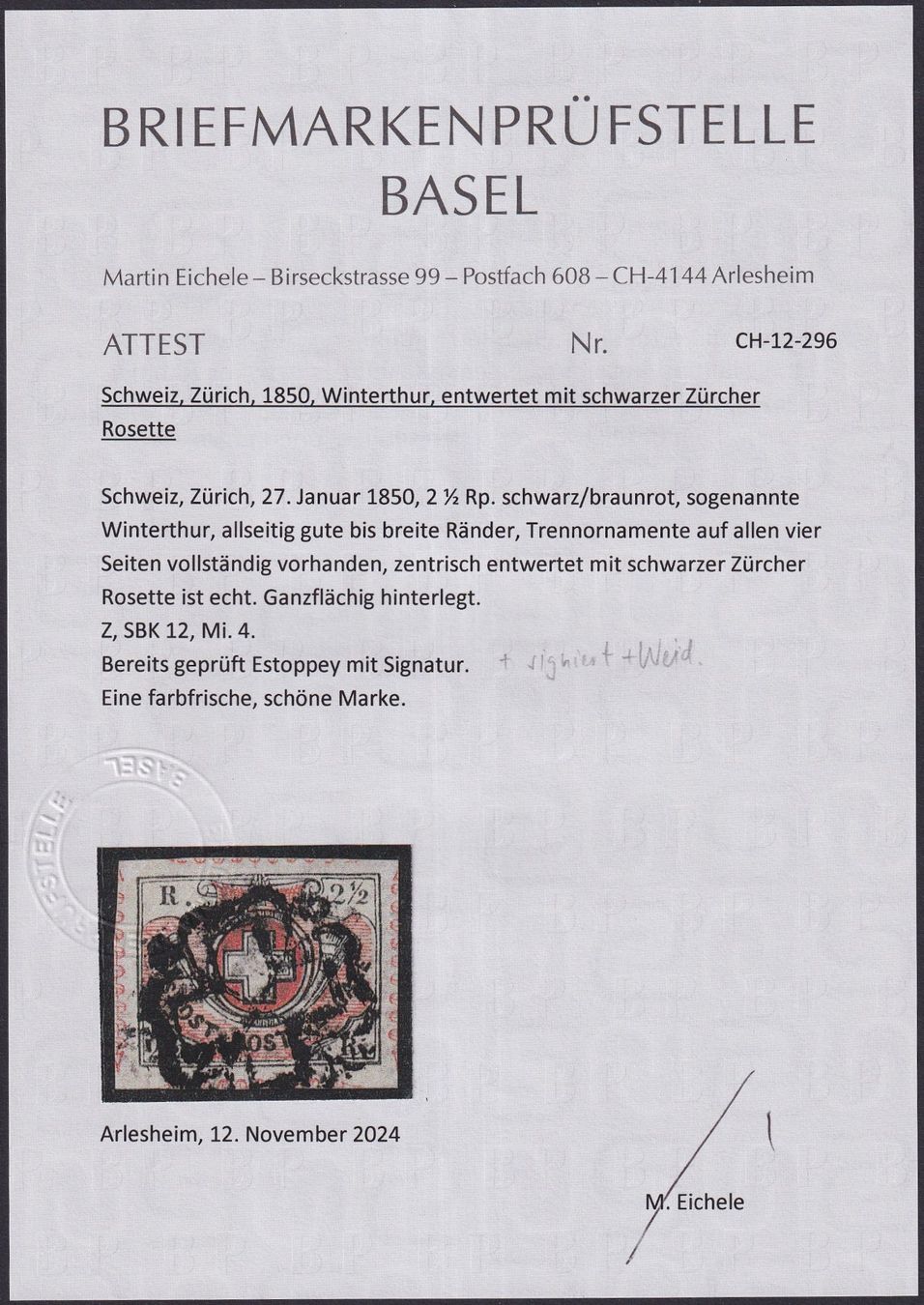 Tutti i francobolli: WINTERTHUR, Nr.12, breitrandig mit Attest, Kat: 5'400.- – Usato da Sursee venduto da Luzernerraute 2