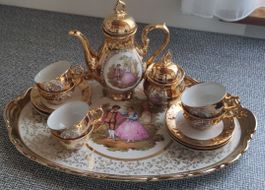 Antikes Kaffeeservice mit Tablett, Rosendekor, Goldrand