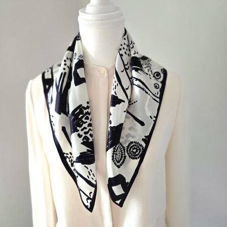 New 53cm Silk Scarf, Black and Cream Abstract Print Scarf