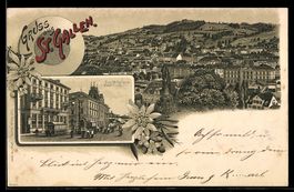 Lithographie St. Gallen, Panorama, Post Walhalla mit Elektri