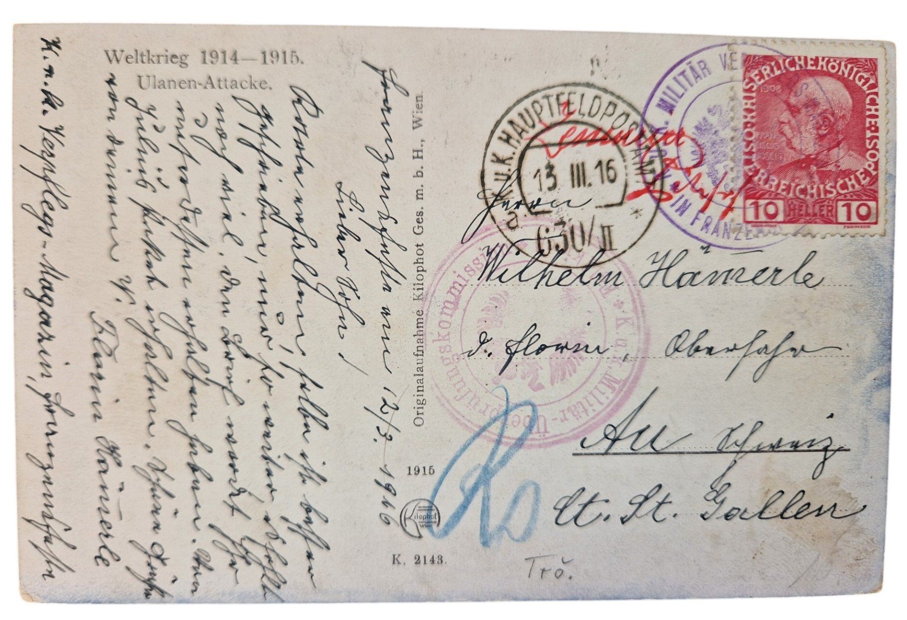 Cartoline postali: Ansichtskarte 1. Weltkrieg Ulanen-Attacke – Usato da Mörschwil venduto da aik_x8mc 1