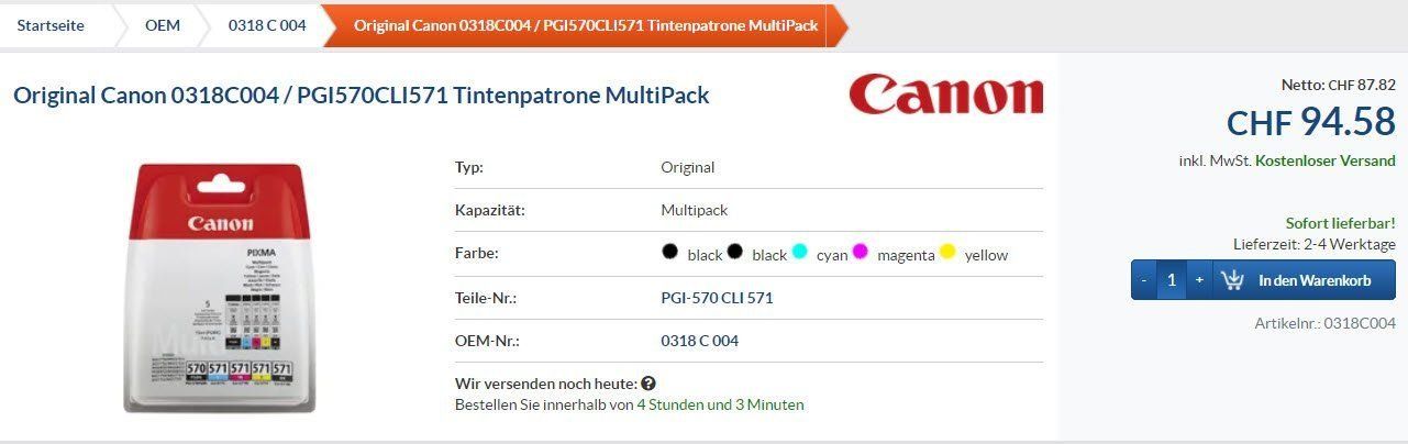 Canon Druckerpatronen & Toner: PGI-570XLBK+CLI-571BK+CLI-571C+CLI-571M+CLI-571Y+CLI-571GYXL – Neu und originalverpackt aus Glattbrugg von copytron 1