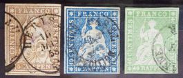 SWITZERLAND 1855–1859: «Strubeli», 3 timbres oblitérés