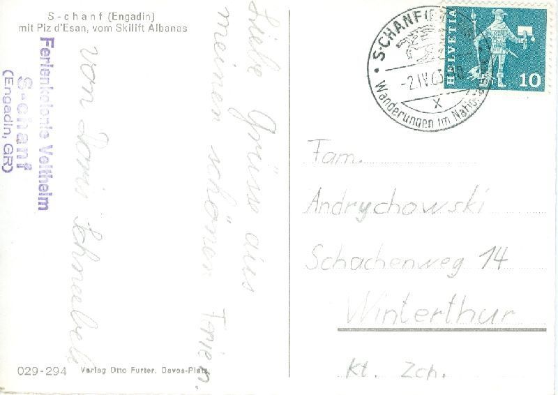 Cartoline postali: S-chanf - Skilift Albanas + 1963 – Usato da Emmenbrücke venduto da teestube 1