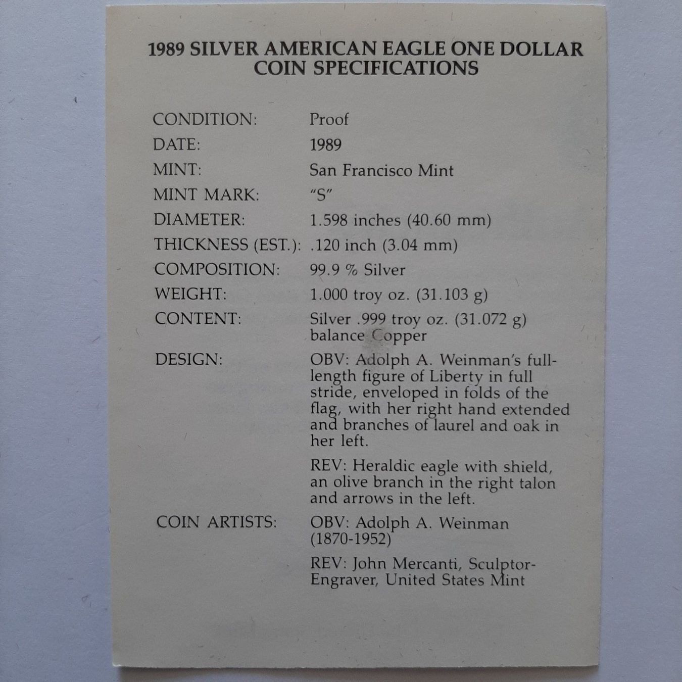 Tutti le monete: 1 oz American Eagle Proof 1989 en boîtier – Nuovo e nell'imballaggio originale da Carouge GE venduto da cecob0909 7