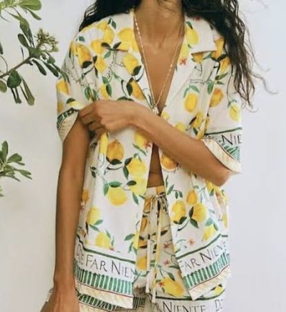 H&M Hemd kurzarm Zitronenmuster Viskose S Versand 9.-
