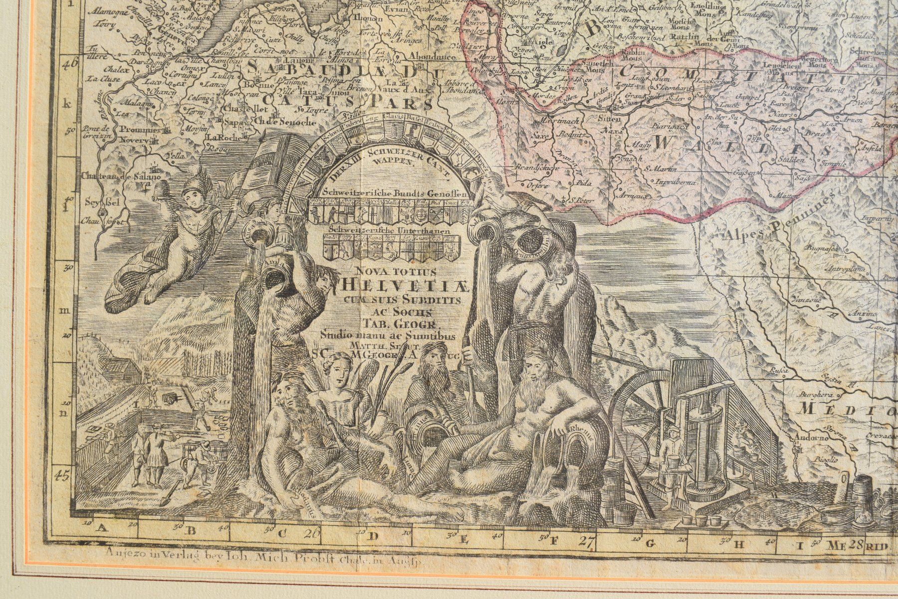 Stiche: Kupferstich Matthäus Seutter Helvetis 1730 – Gebraucht aus Brügg BE von Aristotolius 1