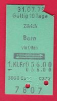SBB KARTON BILLETT, ZÜRICH-BERN, 1.KL., RETOUR, 31.7.1979