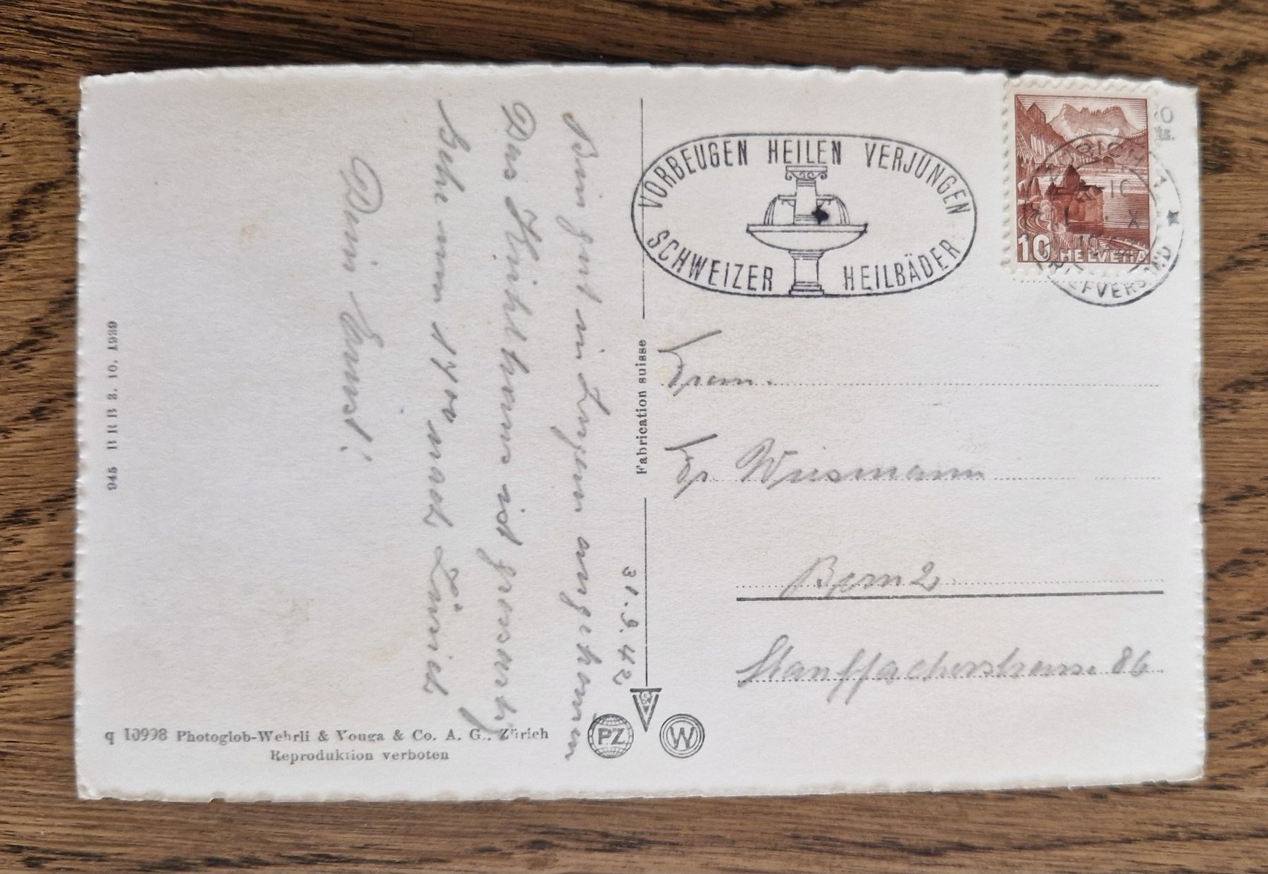 Cartoline postali: Wagenbachbrunnen, Stempel Schweizer Heilbäder, 1942 – Usato da Ebikon venduto da Donar50 1