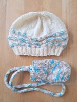 Handgestrickte Mütze & Baby Fäustlinge beige/blau, Gr. 68/74