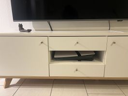 TV Cabinet White wood grain 2 doors 2 drawers used