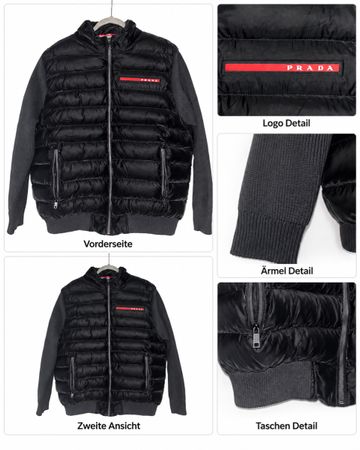 Schwarze Steppjacke mit Strickärmeln und Prada Schriftzug