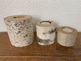 Lot de 3 bougeoirs en bois de bouleau naturel