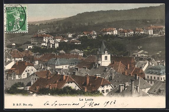 Cartoline postali: Le Locle, Totalansicht mit Turm aus der  – Usato da Berlin venduto da bartko-reher