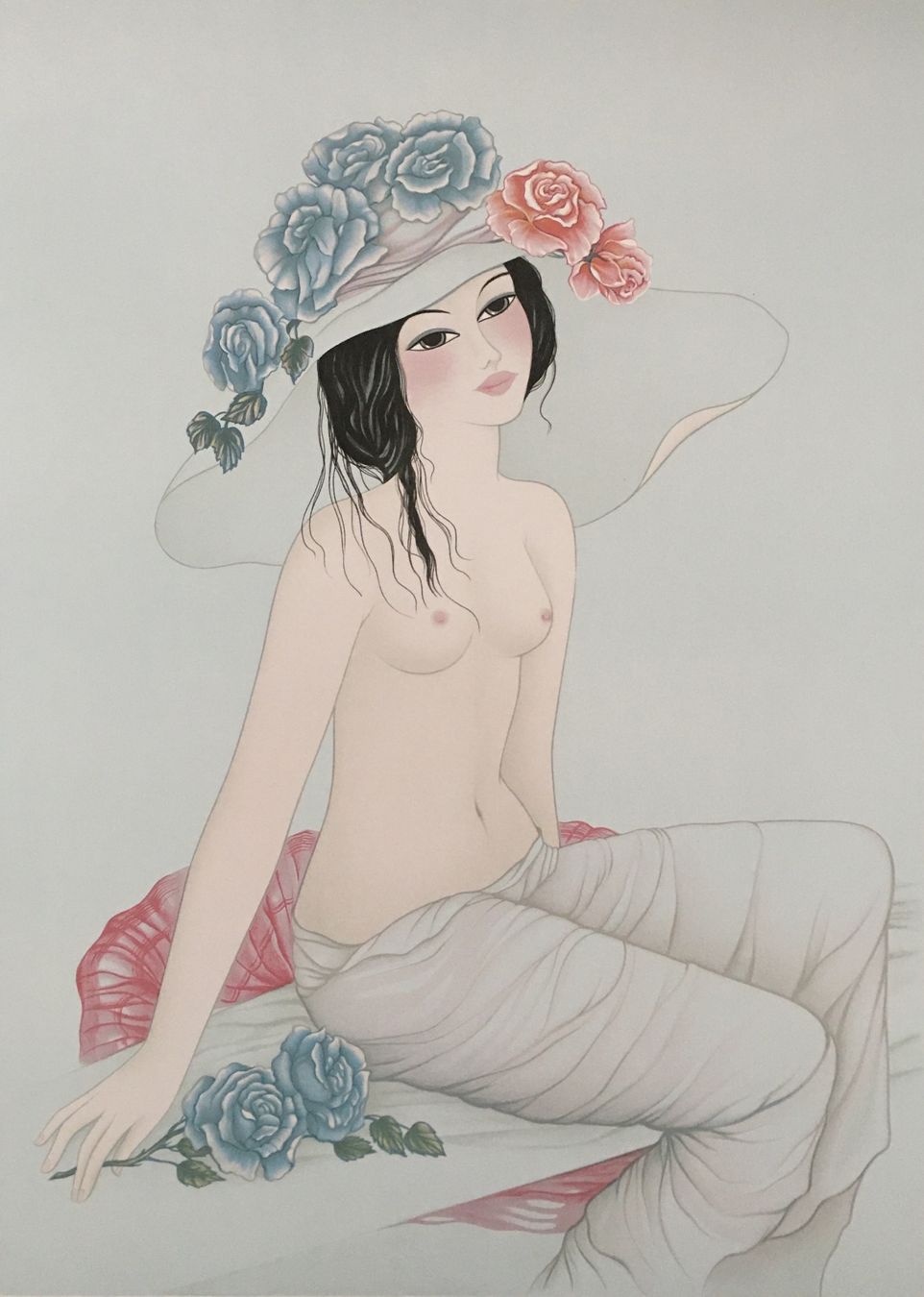 Grafica & Litografie: Mara Tran Long   "Nu Aux Roses Bleues"   Farblithographie – Usato da Nennigkofen venduto da waltraub