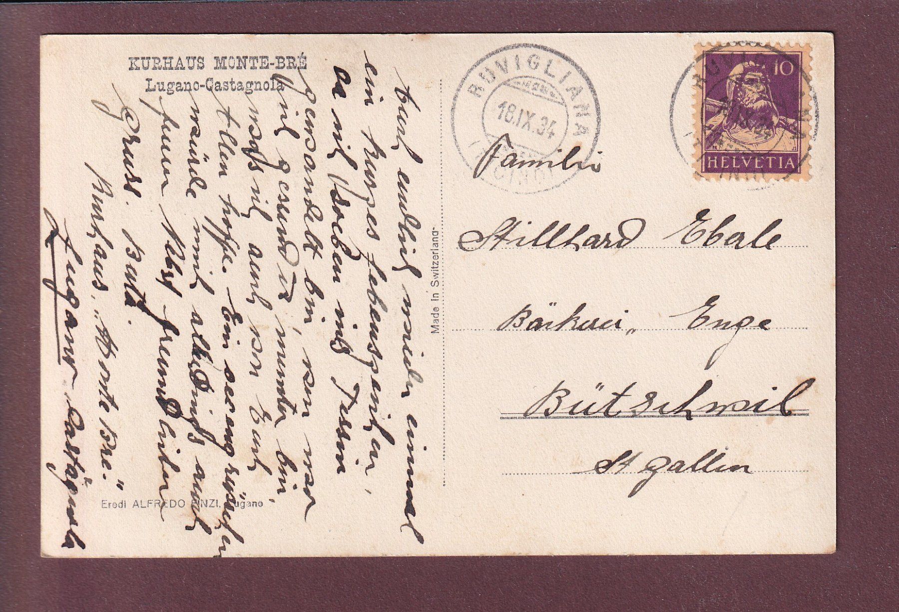 Cartoline postali: Kurhaus MONTE-BRE - Castagnola - 1934 – Usato da Pully venduto da nicecards 1