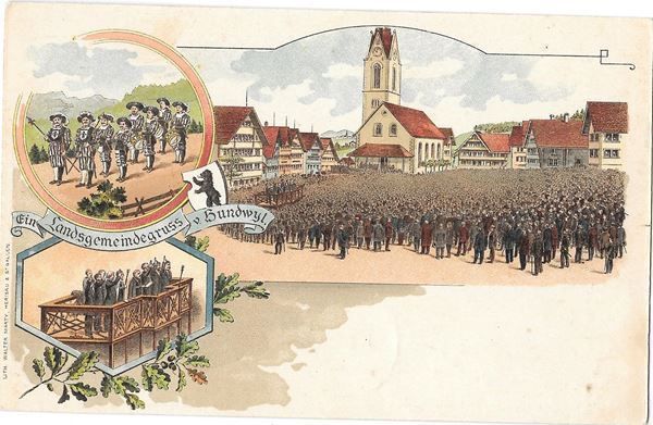 Cartoline postali: Hundwil Landsgemeinde Bär Lithografie – Usato da Olten venduto da clotaldi