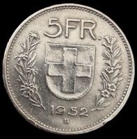 Top Silber 5 Franken 1952 Schweiz Rar