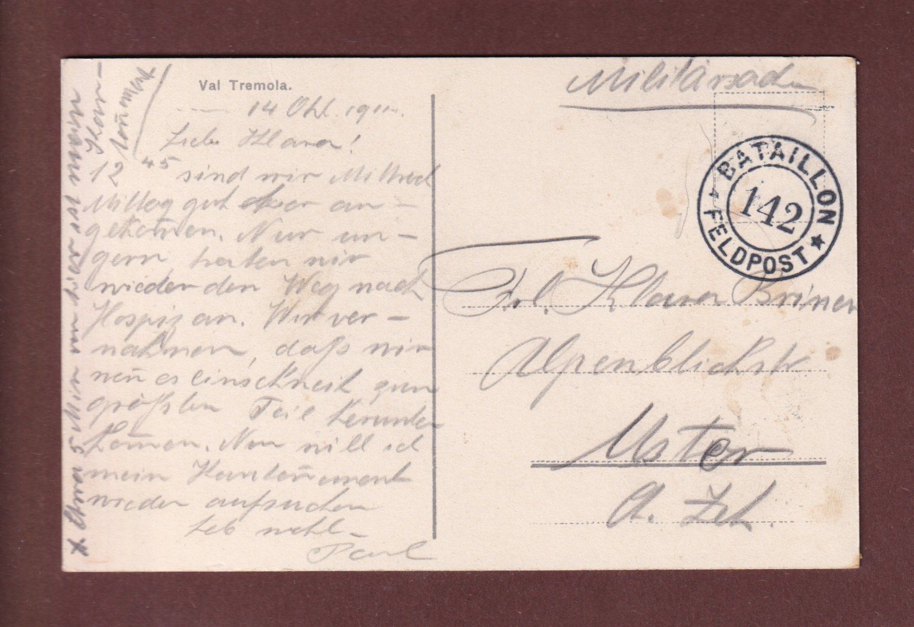 Cartoline postali: VAL TREMOLA - 1911 Feldpost – Usato da Pully venduto da nicecards-shop 1