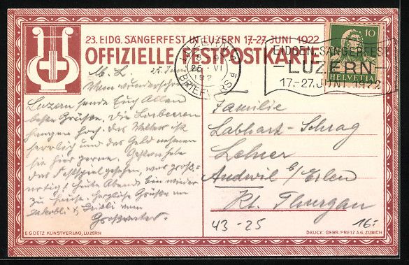 Cartoline postali: Luzern, 25. Eidg. Sängerfest 1922, Fest – Usato da Berlin venduto da bartko-reher 1