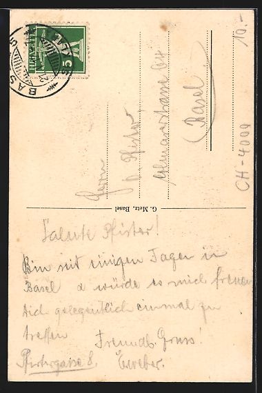Ansichtskarten: AK Basel, Rheinpartie mit Kirche, 1917 – Gebraucht aus Berlin von bartko-reher 1