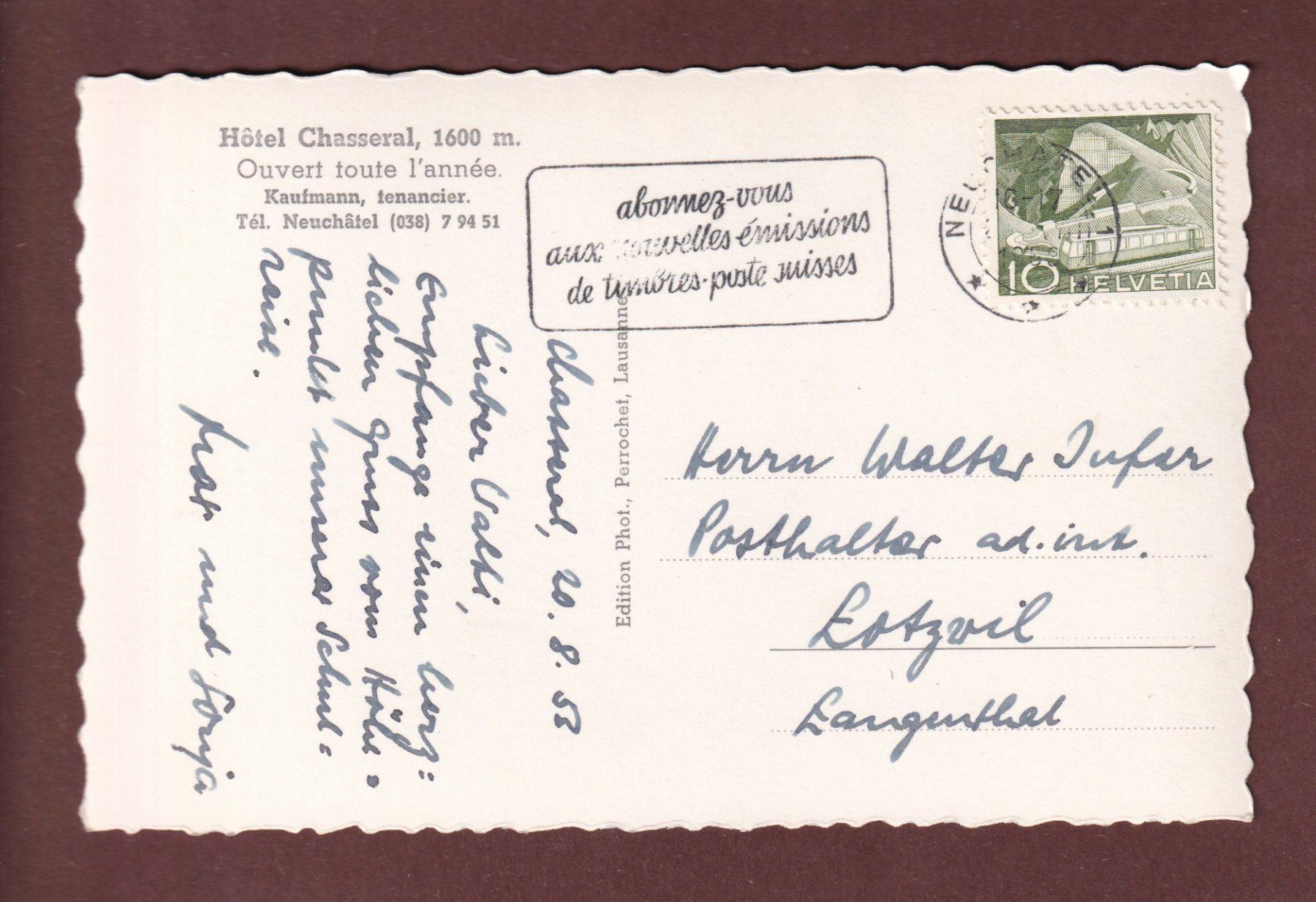 Cartoline postali: Panorama du CHASSERAL - 1953 – Usato da Pully venduto da nicecards-shop 1