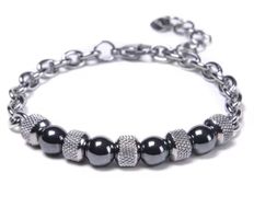 Bracciale con perle ematite e acciaio inossidabile nuovo
