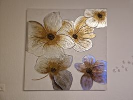 grand Tableau fleurs argenté doré décoration murale moderne