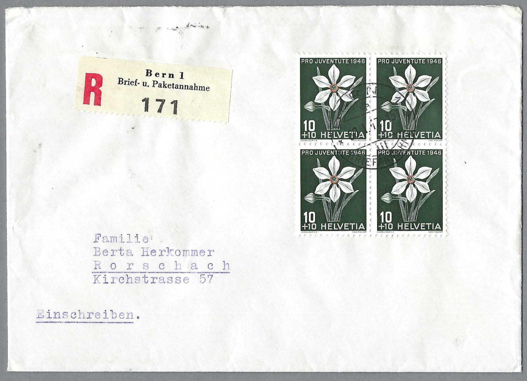 Tous les timbres: 1946, J118x4, 0 BERN, EING. BRIEF, ANK.-0 – D'occasion à Pura par ulisse1957