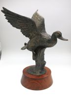 Edle Vintage Ente Skulptur feiner Metallguss auf Holzsockel